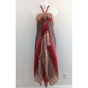 BCBG‎ Maxi Dress Halter Women 6 Boho 100% Silk Red Handkerchief Hem Fairy Beachy